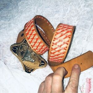 Vintage belt woven like orange and white design- silver gold horse belt buckle